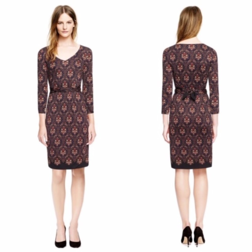 Tory Burch Tilda Silk Jersey Printed Belted Dress Damask Parsley 3/4 sleeves